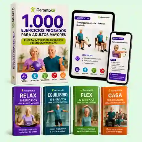 Kit GerontoKit Pro mostrado en libro impreso, tablet y celular, junto a los ebooks Relax, Equilibrio, Flex y Casa